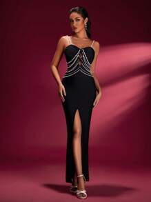 Vestido largo de gasa con abertura y decoración calada de perlas, vestido para invitada de boda, vestido de fiesta, vestido de gala, vestido de noche - Negro - Ver 2