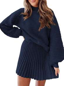 Womens 2 Piece Outfits Long Sleeve Mock Neck Ribbed Sweater And Mini Skirt Set 2025 - Màu xanh hải quân - Xem 4