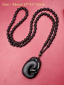 1 件黑曜石吊坠项链，心经，幸运符，繁荣，鱼形图案，个性化护身符，多功能项链礼物 - 黑色 - 查看 6