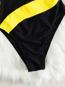 Women's Contrast Color Patchwork Sleeveless One-Piece Swimsuit, Suitable For Beach Resort - Yellow - View 6