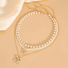 3 Pcs Layered Necklace Bow Necklace Set French Elegant Faux Pearl Beaded Clavicle Chain Fashion Metallic Bow Pendant Necklace - Multicolor - View 4