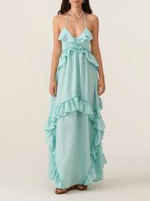 Women Y2K Summer Boho Long Dress Sleeveless Deep V Neck Halter Neck Layered Ruffle Maxi Dress Flowy Swing Beach Dress - Mint Blue - View 5