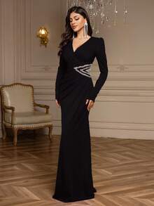 Overlay V-Neck Shoulder Pads Long Sleeves Waist Decoration Pleated Dress Prom Evening Wedding Guest Dress Suitable For Graduation Ceremony, Dinner, Formal, Party Dress, Gown - Black - View 4