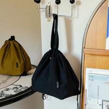 Japanese Korean Lunch Bag Cotton Canvas Large Solid Color Drawstring Portable Thermal Insulated Picnic Storage Bento Box Bag - Black - View 4