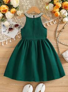 Vestido de niña elegante con aplicación de encaje floral, hombros descubiertos y cierre de cremallera en la espalda, adecuado para salidas, picnics, vacaciones, fiestas, primavera/verano