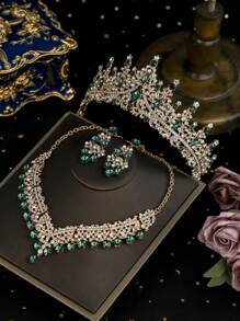 1 套金色新新娘配饰，经典绿水晶装饰新娘皇冠，奢华项链和耳环 3 件套婚纱 - 金色 - 查看 9