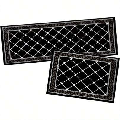 Youyijia 2 Piece Kitchen Rug Set Non Slip Washable Rug Sets Kitchen Utensils Mats Rugs Washable Hallway Runner Set For Dining Room Entryway 40x60 + 40x120 Cm (Black And White Rhombus)