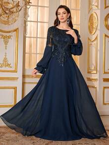 SUPGIR Women's Round Neck Lantern Sleeve Luxury Pearl & Sequin Patchwork Chiffon Party Dress Wedding Spring - Navy Blue - View 5