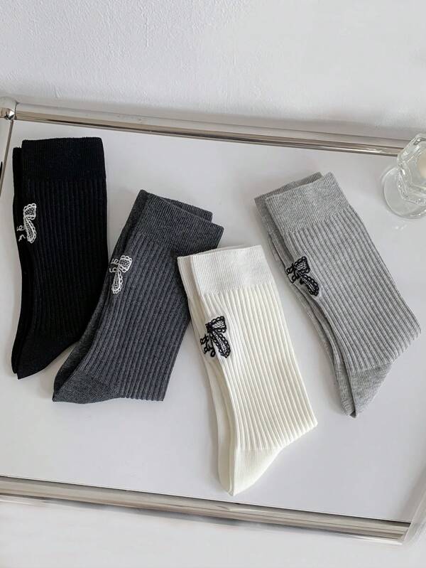 1 Pair/4 Pairs Women Embroidered Bow & Letter Asymmetric Design Knee High Socks, Fashionable & Casual For Daily Wear