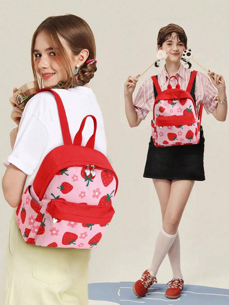 Girls Cute Strawberry Printing Backpack, Daily Mini Sweet Daypack For Teenagers And Students, Patchwork Design Women Double Shoulder Bag, School Backpack - Pink - View 1