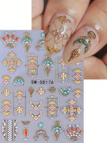 Autocollants pour ongles avec design de décalcomanie de mandala à croissant de lune, décoration d'ongles en relief 5D, motif de fleur de mandala coloré avec lignes dorées en métal blanc, style élégant rétro, autocollants adhésifs pour ongles, accessoires DIY pour salon de manucure, décoration d'ongles pour débutants DIY à la maison, cadeau pour femmes