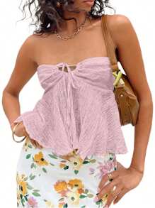 Women Wrap Chest Tube Tops Solid Color Boat Neck Tie Up Strapless Tank Tops Summer Backless Bandeau Top - Pink - View 2