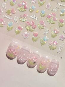 Tulip 5D Nails Stickers Spring Jelly Tulips Flower Butterfly Pink Blue Blossom Design Summer Nail Ornaments Nail Art Decorations