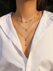 Set de 1 collar con 3 piezas de metal con forma de corazón y borlas, un conjunto de collares multicapa, elegante y versátil para uso diario o fiestas de mujeres