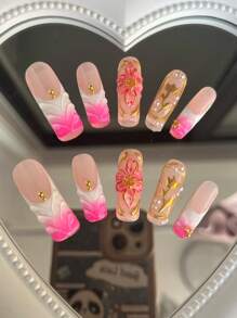 10 片纯手工指甲，螺纹凸起，腮红渐变，手工捏制凸起花朵金色边缘，金色玫瑰形状，金色圆球。适合日常休闲度假、宴会、派对等活动。按压指甲 - 彩色 - 查看 3