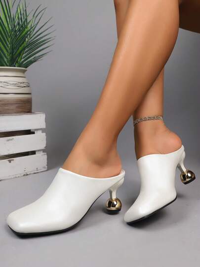 Kadın Modası Yüksek Topuklu Terlikler, İlkbahar Yaz Giyilebilir Kare Burun Orta Topuklu Ayakkabılar, Nefes Alabilen Çok Amaçlı Beyaz Sandaletler