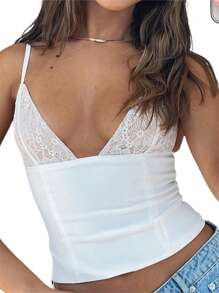 Women's Y2k Fairy Lace Patchwork Cami Tank Tops Spaghetti Strap V-Neck Slim Fit Camisole Crop Top Sexy Sleeveless Backless Vest Shirts Tops Summer Going Out Tops Clubwear Streetwear - 白色 - 查看 5