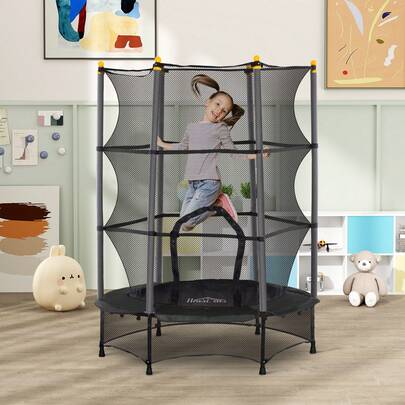 HOMCOM Trampolino Elastico per Bambini con Rete e Pali Imbottiti, Tappeto Elastico Bambini in Acciaio per Interno ed Esterno, Età 3-10 Anni, Ø140 x 190 cm, Nero