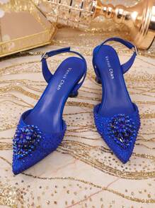 Venus Chan 女士蓝色婚礼高跟鞋意大利设计水钻装饰尖头华丽派对 2025 INS 女士大码鞋派对高跟鞋 - 藍色 - 查看 6