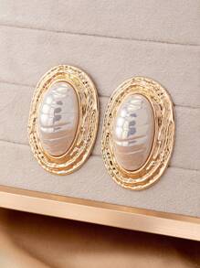 1 Pair Geometric Textured Oval Shape Inlaid Oval Pearl Dangle Earrings, Retro Elegant And Charming Women Earrings - Yellow Gold - View 2