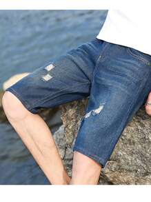 Pantalones cortos vaqueros para hombre descoloridos, desgastados y deshilachados - Azul - Ver 2