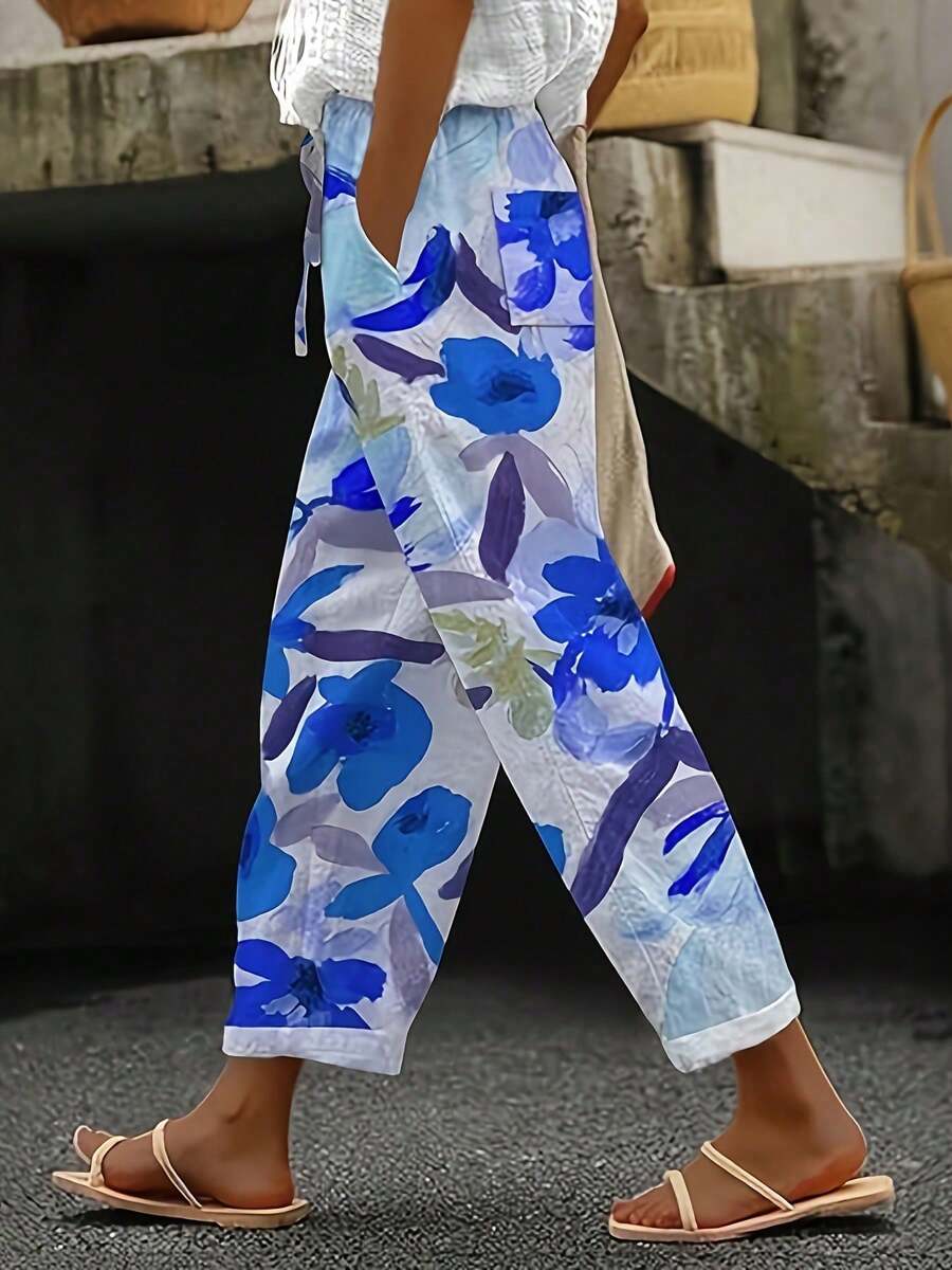 Pantalon décontracté à taille haute imprimé, pantalon polyvalent tout-aller pour femmes, vêtement d'été pour femmes