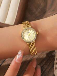 1 件简约时尚混合水钻雕刻表盘钢带石英表，适合作为生日、万圣节、礼物 - 金色 - 查看 3