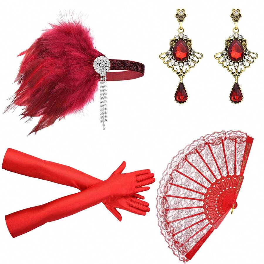 6pcs 1920s Women's Wedding Party Makeup Ball Headpiece Earrings Pearl Bracelet Long Pearl Necklace Hairband Vintage Sexy 4pcs Set Party Costume Prom - A - View 1