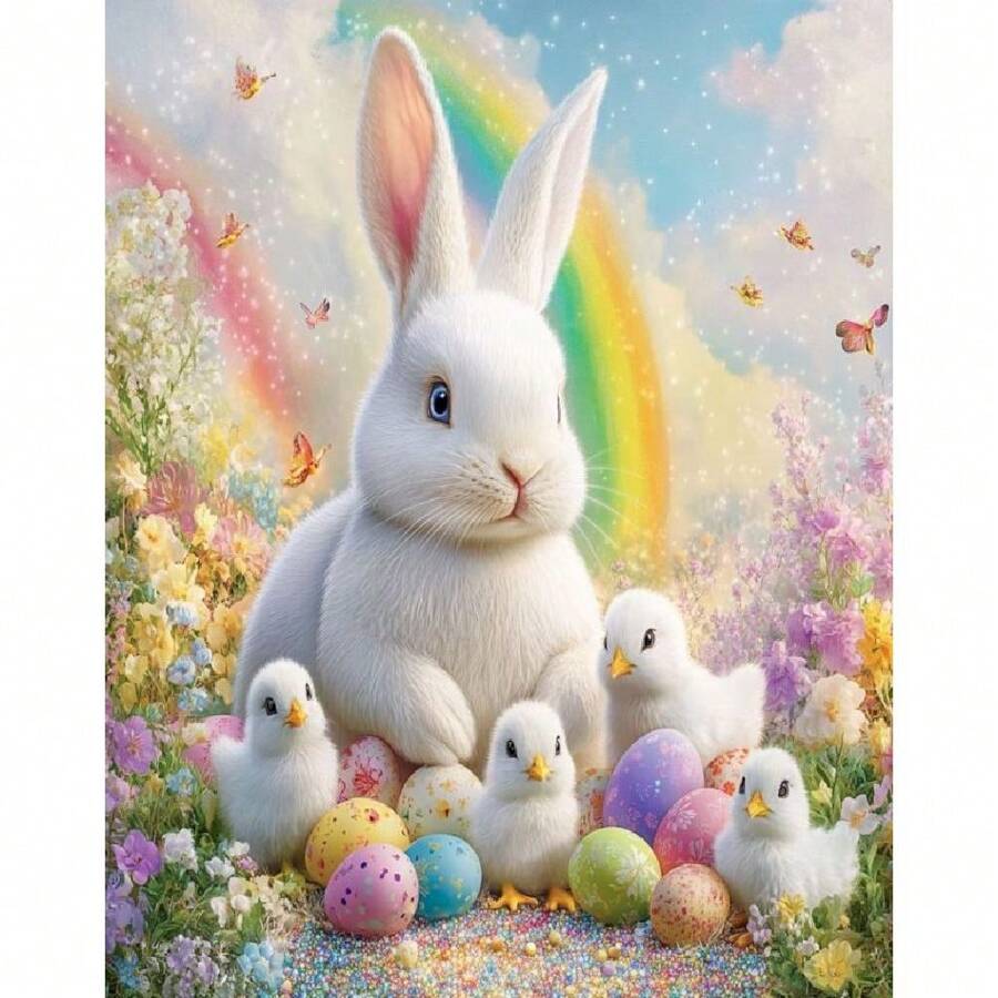 1 件复活节图片 DIY 钻石画兔子全圆形钻石马赛克花朵十字绣钻石艺术动物家居装饰 30x40cm/12x16 英寸无框