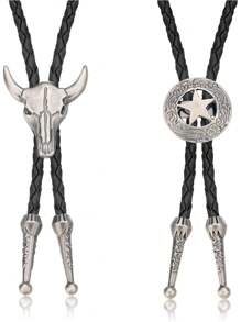 Milacolato 2Pcs Leather Tie Necktie Cow Skull Texas Ranger Star Chain For Men Rodeo Bolo Tie Necktie - 2Pcs - View 1