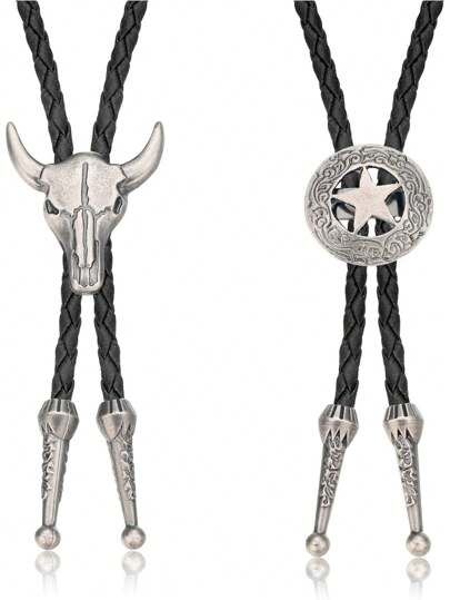 Milacolato 2Pcs Leather Tie Necktie Cow Skull Texas Ranger Star Chain For Men Rodeo Bolo Tie Necktie