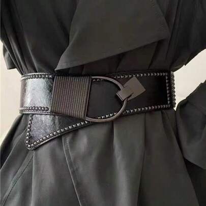 1pc Women's Rivet Elastic Waist Belt, Black Semi-Circular Single Buckle Casual Minimalist Suit Decor Leather Belt For Everyday Wear Summer, School Fall, Autumn, Halloween