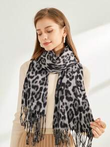1pc Women Leopard Pattern Cashmere Scarf, Tasseled Warm Shawl Wrap, Suitable For Outdoor Wind-Proof And Cozy Daily Wear, Spring/Autumn - Black and Gray - View 4
