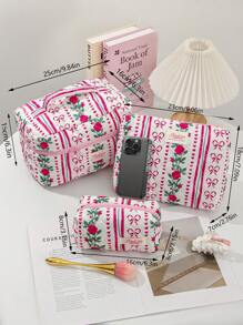 1 PC Vertical Striped Rose Bow Portable Make Up Bag,Fashionable And Casual Large Capacity Portable Zipper Makeup Bags,Travel And Vacation Essentials Cosmetic Bags For Sanitary Napkins,Pouch Pads,Wired Earphones,Earpods,Headphones,Charger,Lipsticks,Cosmetics,Perfume,Skin Care And Beauty Products,Home Decor,For Mom,Women,Nurses,Students,School Girls,Keys,Holiday Gifts Makeup Travel Toiletry Organizer Essentials Gifts Storage Zipper Accessories Nail - Red - View 9