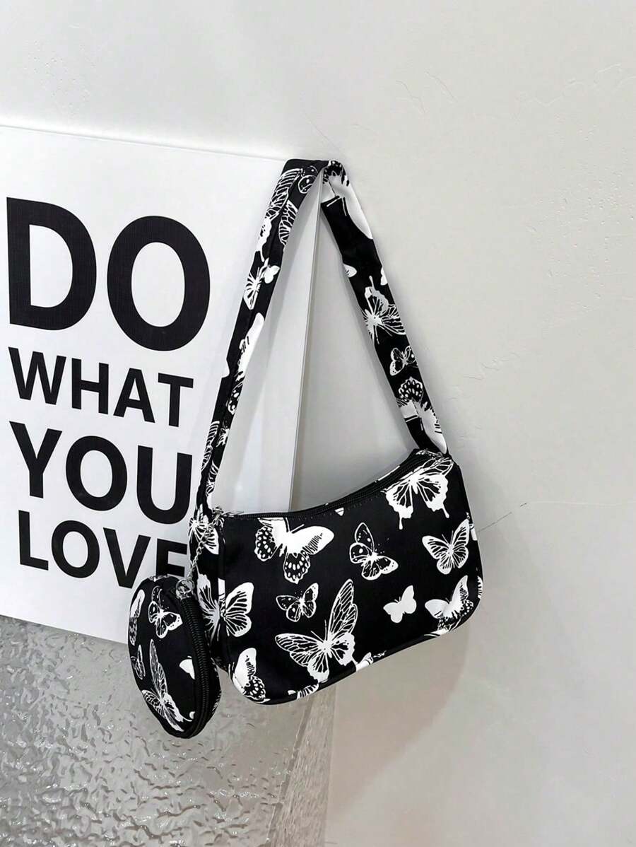 1pc Zipper Closure Fashionable And Simple Butterfly Shoulder Underarm Bag, Detachable Small Round Coin Purse, Niche Design, Comfortable Shoulder Strap, Smooth And Versatile, Suitable For Daily Outings, Play, School, Commuting, A Perfect Gift For Girls - Black - View 1