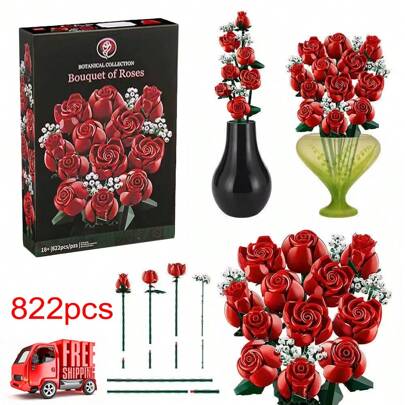 Bouquet Of Roses 822 Pcs Building Block Set Flowers Gifts,10328 Icons Bouquet Of Roses, Artificial Flowers For Home Decor