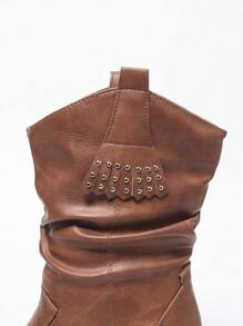 Brown Fringe Rivets Pleated Slip-On Round Toe Chunky Heel Casual Versatile Riding Boots, Commuter Style For Women, Autumn/Winter - Brown - View 6