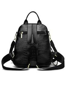 Mochila de estilo de moda con estampado de cocodrilo negro para mujer - Bolso de viaje y compras multipropósito con cremallera dorada, correa ajustable y remaches decorativos