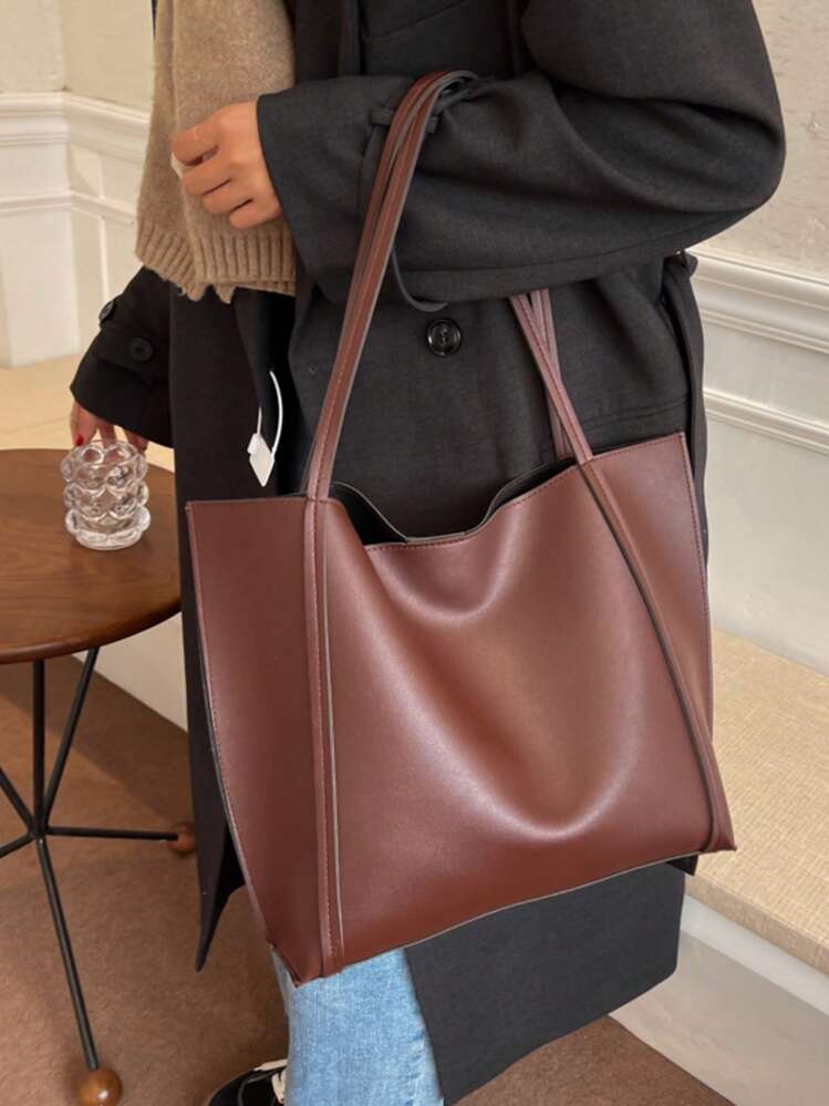 Bolso de hombro tipo tote de gran capacidad, de estilo minimalista y casual de moda - Café integral - Añade 5