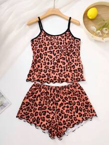 2pcs Leopard Print Camisole And Shorts Pajamas Set - Brown - View 1
