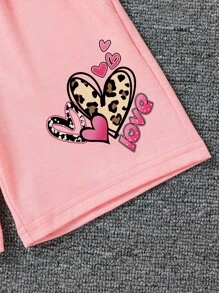 Tween Girl Heart Pattern Print Crew Neck Short Sleeve T-Shirt And Shorts Set - Pink - View 6