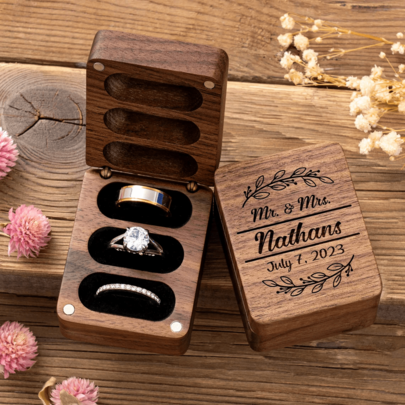 1 Pc Customized Engraved Ring Box, Three-Slot Wooden Ring Box, Personalized Flip-Top Wedding Ring Box, Engagement Ring Box, Walnut Ring Bearer, Ring Storage Box, Wedding Gift