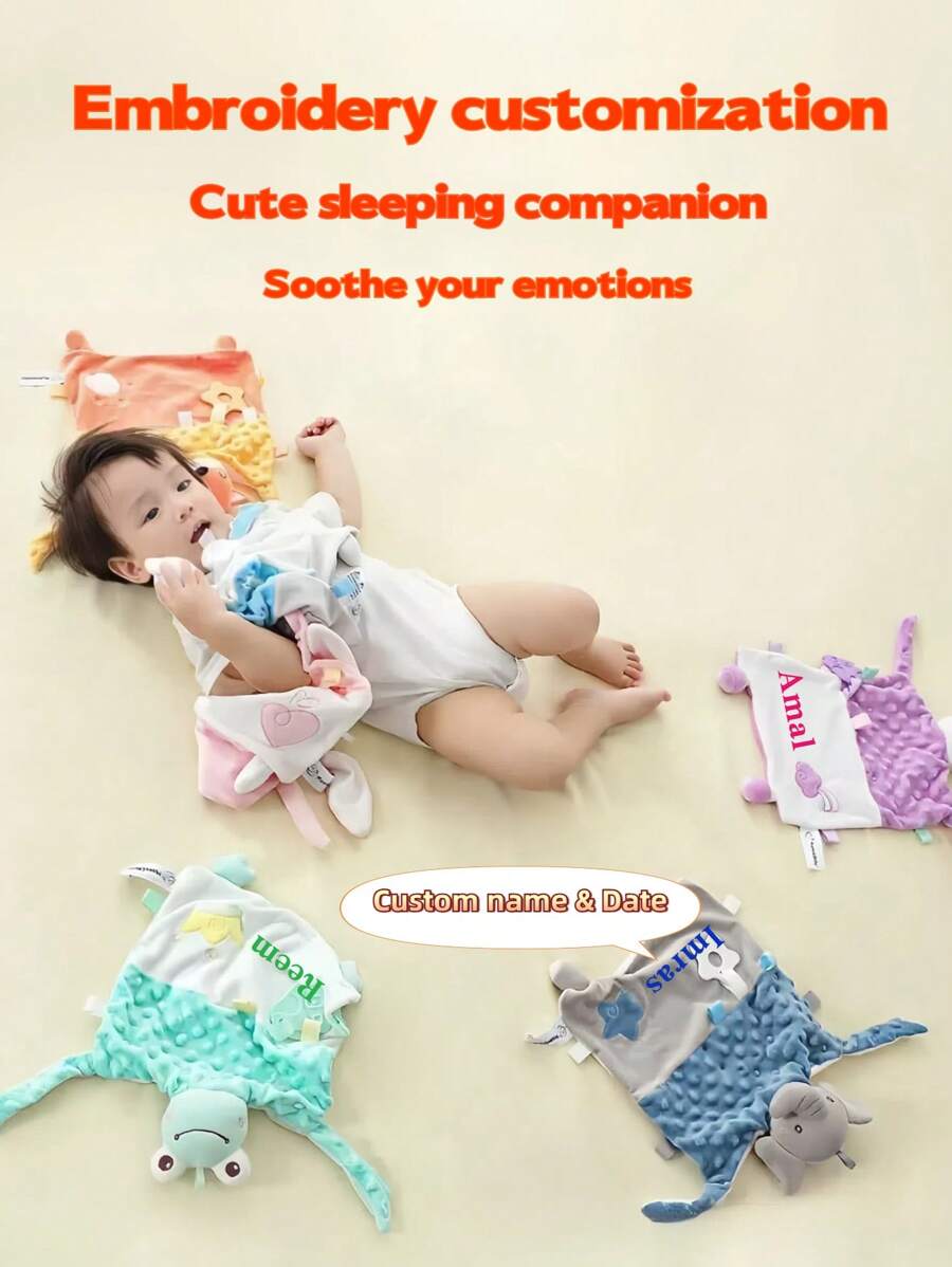 可定制名字刺绣个性化婴儿舒适毯、柔软毛绒婴儿奶嘴、口水围兜、咀嚼和摇铃出牙安全毯，适合睡眠 - 彩色 - 查看 1