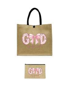 Khaki Tote Bag Two Pieces Set, Along With A Small Makeup Bag, "God" Letter Bow Zipper Women's Makeup Bag - Khaki - View 14