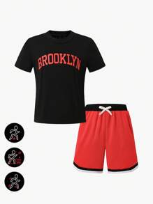 2pcs/Set Boys' Letter Print Sports Outfit, Including Short Sleeve T-Shirt And Waist Tie Athletic Shorts, Spring/Summer