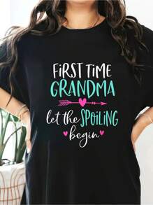 First Time Grandma Let The Spoiling Begin New 1st Time T-Shirt Short Sleeve Round Neck Casual Top For Summer & Spring, Women's Clothing