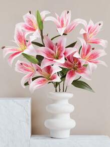12 Heads Artifical Lily Flowers, Long Stem Artificial Stargazer Lilies With 9 Heads Full Bloom Lily & 3 Lily Buds-Faux Tiger Lily Bouquets For Home Hotel Flower Arrangement Party Wedding Decor Gift - 粉色 - 查看 2