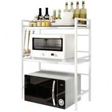 Estante expandible para microondas, soporte para microondas de 3 niveles para cocina, soporte para microondas de acero al carbono para encimera, organizador de almacenamiento de cocina con 6 ganchos - Blanco - Ver 2