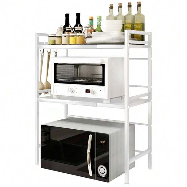 Ripiano per microonde, piano di lavoro estensibile a 3 livelli, ripiani per panettieri con 6 ganci, ripiano per cucina, porta spezie, organizer per mobili per microonde per cucine, nero, estensibile da 40 a 64 cm