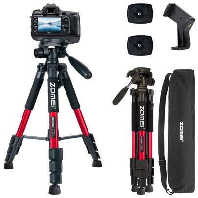 A Red Q111 Professional Camera/Phone Tripod - Height Adjustable, With Quick Mounting Plate And Phone Holder, Aluminum Heavy Duty Camera Tripod, DSLR Camera Tripod With Carrying Bag, Suitable For Outdoor, Hiking, Travel Lovers.